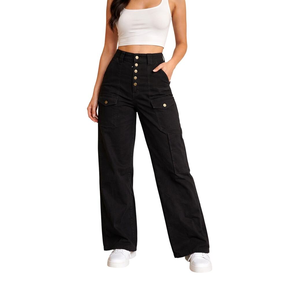 Modern Edge Black High Rise Utility Cargo Pants Womens W34 Wide Leg